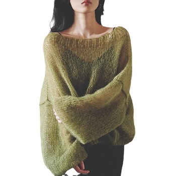 Női pulóver üreges kötésű — poliészter és mohair keverék; laza szabás; gallér egy vonal; hosszú ujjú