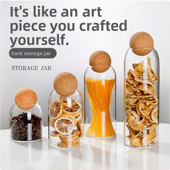 Stiklo laikymo indas su kamštiniu dangteliu, apvalios formos, iš borosilikatinio stiklo, teai ir kavos pupelėms