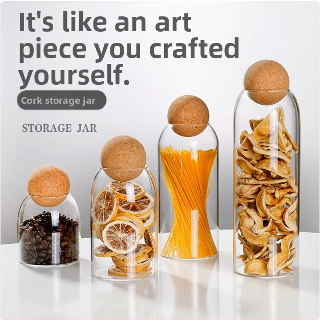 Stiklo laikymo indas su kamštiniu dangteliu, apvalios formos, iš borosilikatinio stiklo, teai ir kavos pupelėms