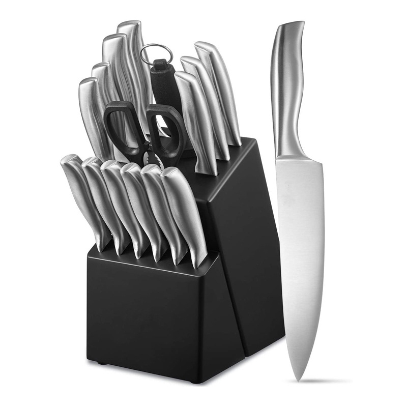 Nerūdijančio plieno virtuvinių peilių rinkinys su tuščia rankena, 16 vnt., medinis peilių laikiklis, 3Cr13 plienas