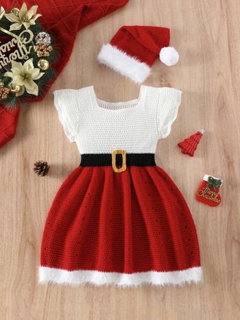 Varrukateta kootud kleit tüdrukutele koos vöö ja jõulukübaraga, 65% polüester, pehme puudutus, 3–8 aastat, normaalne paksus, talv, kevad, sügis