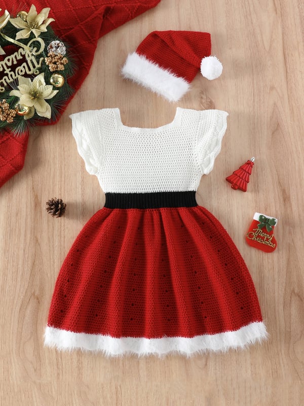 Varrukateta kootud kleit tüdrukutele koos vöö ja jõulukübaraga, 65% polüester, pehme puudutus, 3–8 aastat, normaalne paksus, talv, kevad, sügis