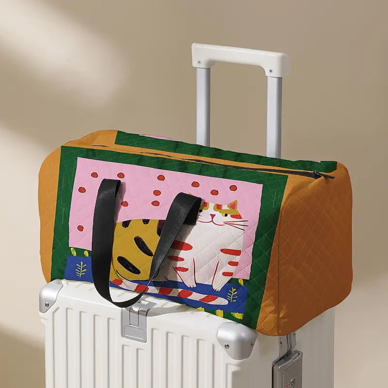 Retro kelioninė rankinė su batų skyriaus, ranka nupiešta katė, 20–35 L talpa, poliesteris, kvėpuojanti, ultralengva, išplėčiama, skaitmeninis spaudas