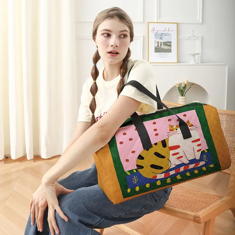 Retro kelioninė rankinė su batų skyriaus, ranka nupiešta katė, 20–35 L talpa, poliesteris, kvėpuojanti, ultralengva, išplėčiama, skaitmeninis spaudas