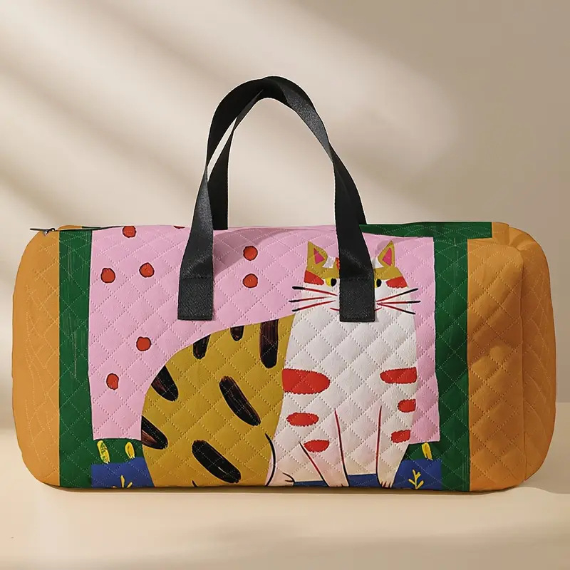 Retro kelioninė rankinė su batų skyriaus, ranka nupiešta katė, 20–35 L talpa, poliesteris, kvėpuojanti, ultralengva, išplėčiama, skaitmeninis spaudas