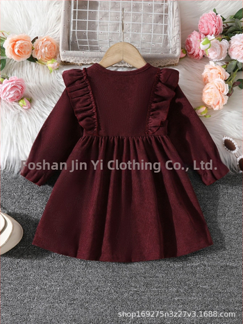 Φόρεμα κοριτσιού με κέντημα, κορεατικό στυλ, μακριά μανίκια, 95% βαμβάκι, πλισέ φούστα