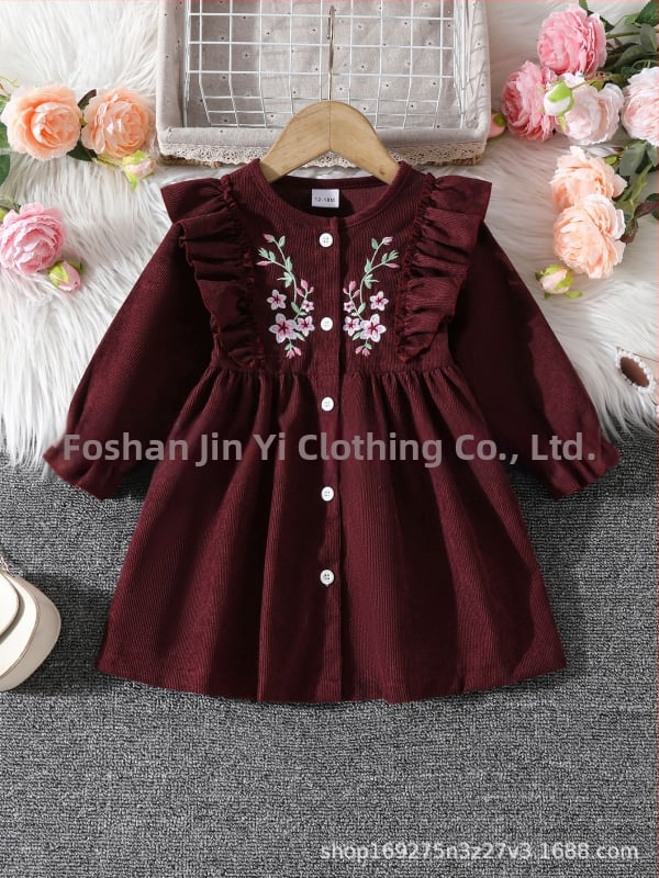 Dievčenské šaty s výšivkou, kórejský štýl, dlhé rukávy, 95% bavlna, plisovaná sukňa