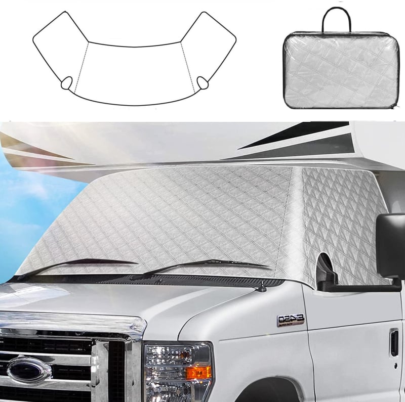 Ford E-450 RV priekšējā loga saules aizsargs kemperiem, alumīnija folija, plaid raksts, uzstādīšana ar karti