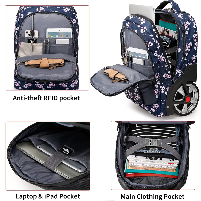 Ruloninė mokyklinė kuprinė su ratuku, unisex, skirta vidurinei mokyklai ir vyresniems, poliesteris, vienos krypties ratukas, oro pagalvės diržai