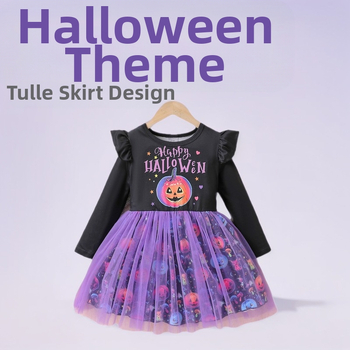 Dievčenské princezná šaty s patchworkovým sieťovým prvkom a potlačou tekvice a písmen – dlhé rukávy, polyesterová podšívka s bavlnenou vrstvou, pre vek 3–8 rokov