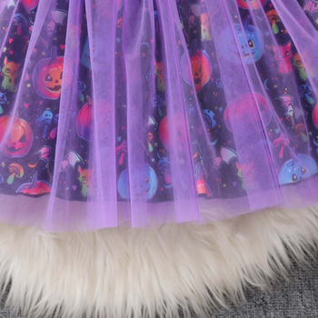 Κοριτσίστικο φόρεμα πριγκίπισσα με patchwork mesh και all-over εκτύπωση κολοκύθας και γραμμάτων – μακριά μανίκια, πολυεστέρας με επένδυση από βαμβάκι, για ηλικίες 3–8 ετών