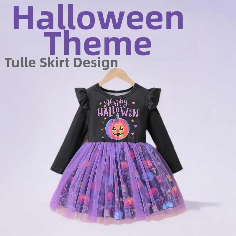 Dievčenské princezná šaty s patchworkovým sieťovým prvkom a potlačou tekvice a písmen – dlhé rukávy, polyesterová podšívka s bavlnenou vrstvou, pre vek 3–8 rokov