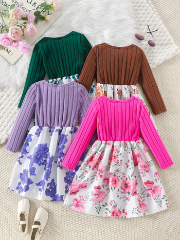 Φόρεμα για κορίτσια με φλοράλ μοτίβο, μακριά μανίκια, στρογγυλό λαιμό, Α‑γραμμή, 95% πολυεστέρας