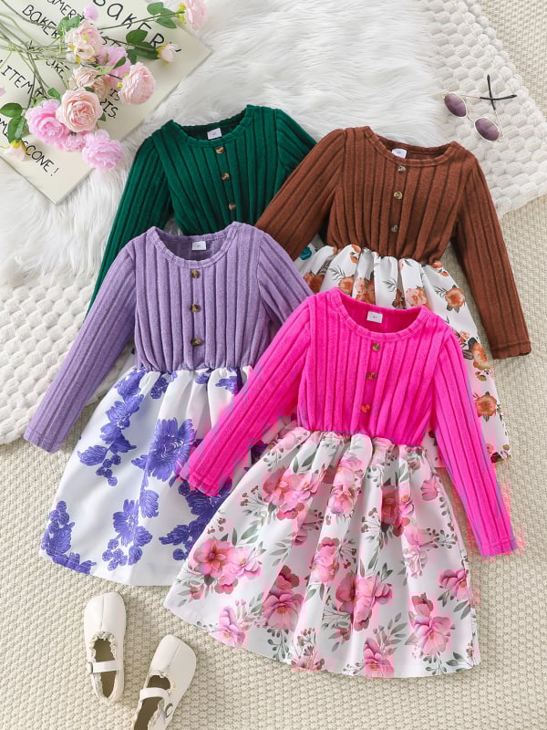 Lányoknak készült virágos mintázatú hosszú ujjú ruha, kerek nyakkal, A-vonalú fazon, poliészter 95%