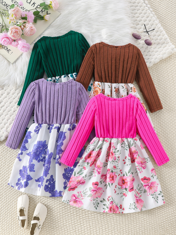 Lányoknak készült virágos mintázatú hosszú ujjú ruha, kerek nyakkal, A-vonalú fazon, poliészter 95%