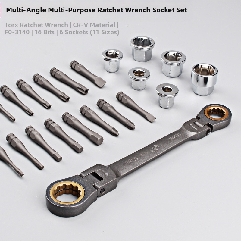 FO-3140 Sada nástrojov na demontáž: Torx, Phillips a hex bity, s ráčňovým kľúčom a nadstavcami; Materiál: chrom-vanádiová oceľ; 23 kusov; pre domáce opravy strojov