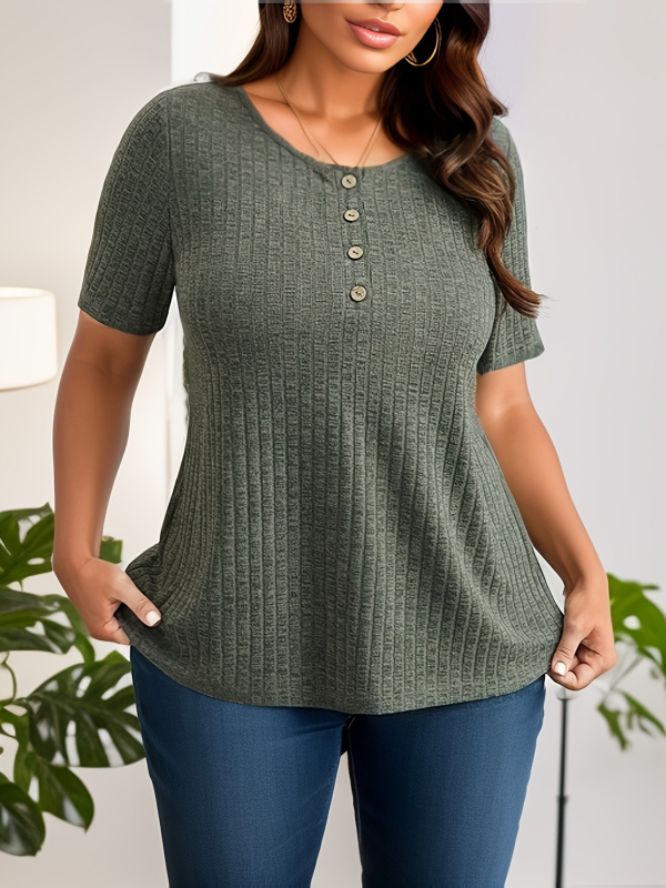 Moteriškas megztinis viršų su 3/4 rankovėmis, apvalus kaklas, trijų mygtukų plokštė, poliesterio audinys, koliažo/sujungimo detalės