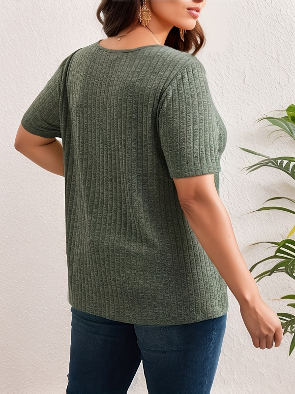 Moteriškas megztinis viršų su 3/4 rankovėmis, apvalus kaklas, trijų mygtukų plokštė, poliesterio audinys, koliažo/sujungimo detalės