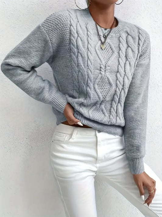 Női koreai stílusú kötött pulóver, Slim fit, kerek nyak, hosszú ujjú; anyag: akril rost, közepes vastagság.