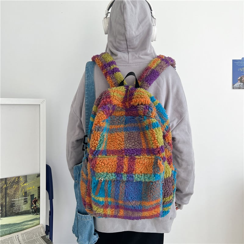 Velúr hátizsák, kockás mintázat, 20–35 L kapacitás, 13 colos laptophoz, légpárnás vállpánttal, utcai stílus