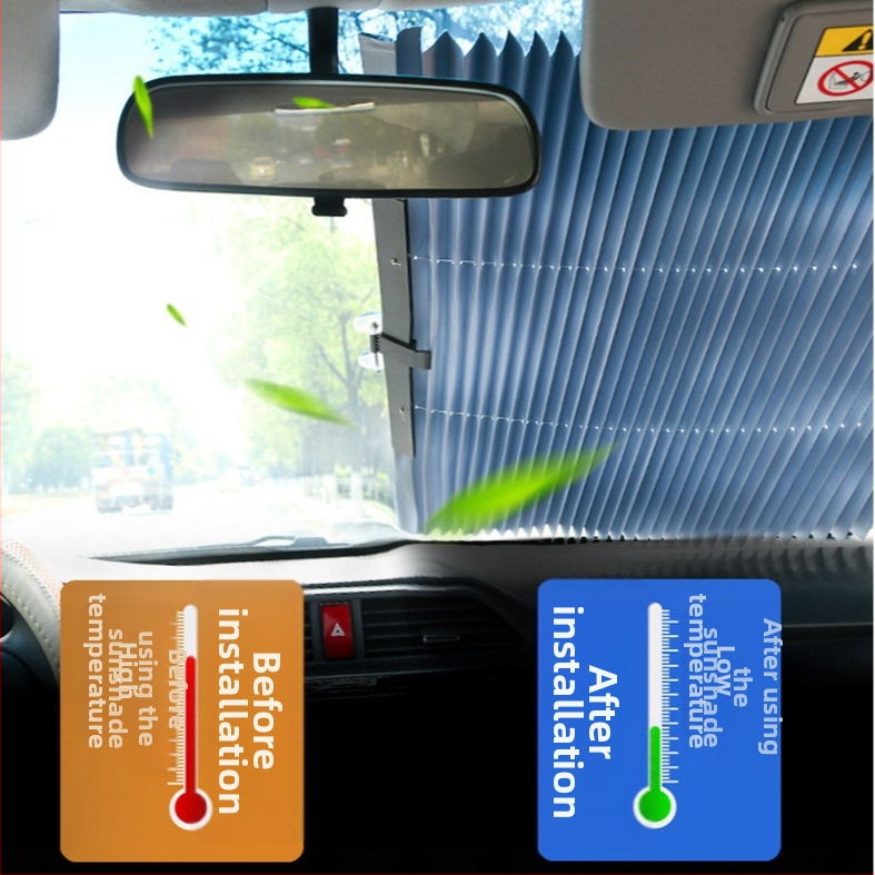 Автомобилен сенник за предното стъкло, автоматично разтягащ се, дебел непрозрачен тип, ламелно монтиране (Материали: вакуумни чашки + алуминиева фолиа; Подходящ за всички модели автомобили)