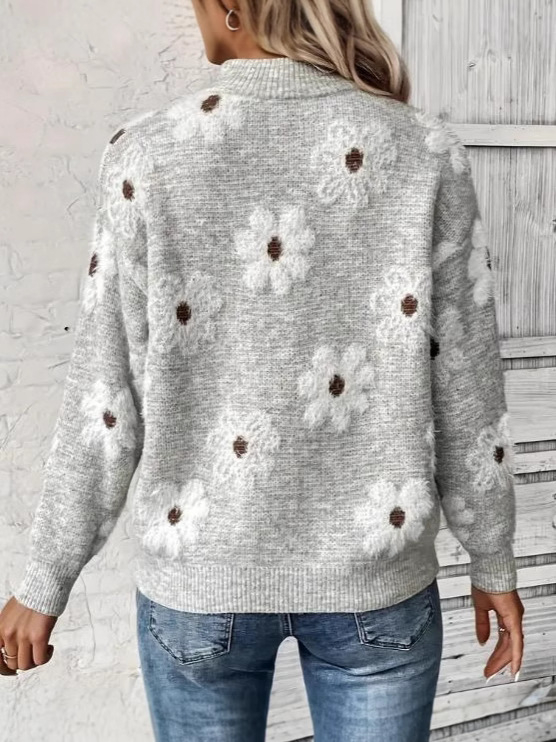 Pletený sveter s kvetinovým vzorom, stojaci golier so zipsom, stredne hrubý, voľný strih, 95% akryl