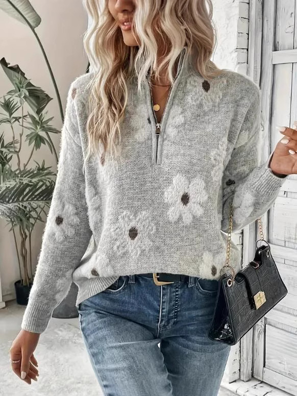 Pletený sveter s kvetinovým vzorom, stojaci golier so zipsom, stredne hrubý, voľný strih, 95% akryl