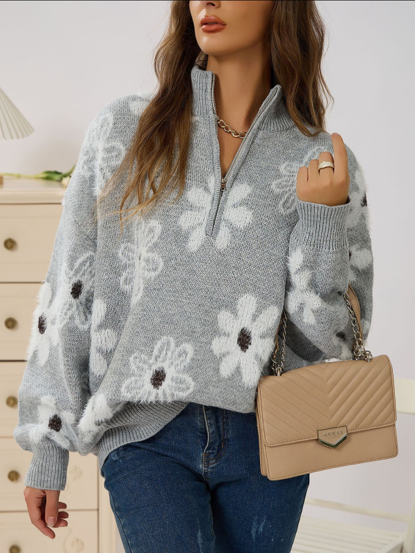 Pletený sveter s kvetinovým vzorom, stojaci golier so zipsom, stredne hrubý, voľný strih, 95% akryl