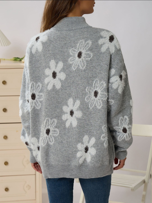 Pletený sveter s kvetinovým vzorom, stojaci golier so zipsom, stredne hrubý, voľný strih, 95% akryl