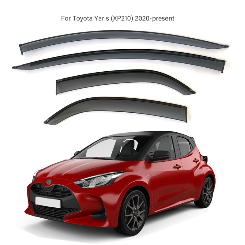 Дъждозащитна ивица за странични прозорци – Toyota Yaris Hatchback XP210 (2020–2025), акрил с електроплакирана лента, лепещ монтаж, 4 бр