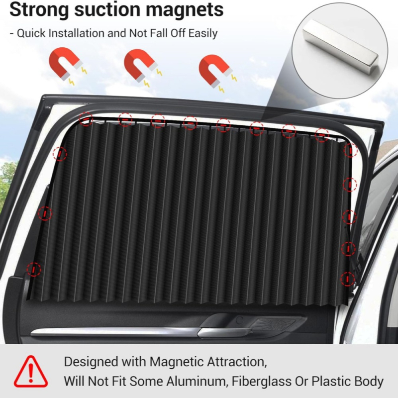 Magnetinės automobilio užuolaidos vidiniams šoniniams langams, storesnė nepermatoma audinė, ritininė užuolaida, universalus suderinamumas