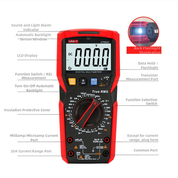 UT89X didelio tikslumo skaitmeninis multimetras; nešiojamas, profesionaliam naudojimui; DC/AC įtampa 0,1 mV–1000 V; DC/AC srovė iki 20 A; talpa 1 pF–100 mF; duomenų laikymas, automatinis diapazonas