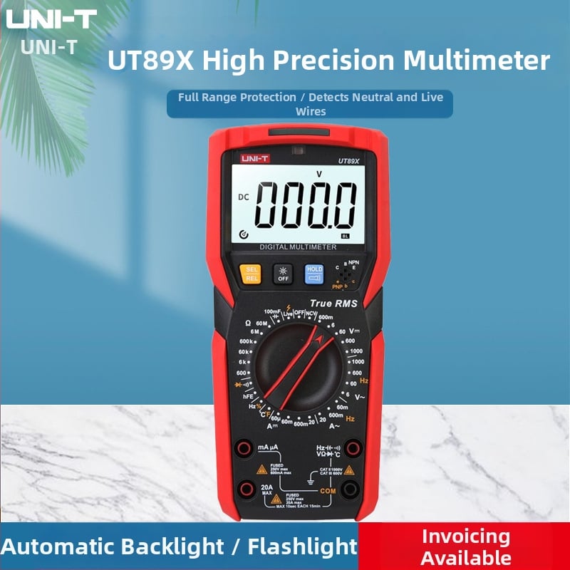 UT89X augstā precizitātes digitālais multimetrs; rokas instruments, profesionālai lietošanai; DC/AC spriegums 0,1 mV–1000 V; DC/AC strāva līdz 20 A; kapacitāte 1 pF–100 mF; datu glabāšana, automātiskais diapazons