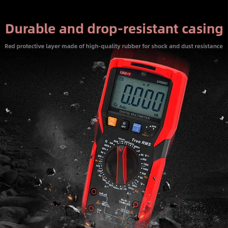 UT89X високоточен цифров мултиметър; ръчен, професионална употреба; напрежение DC/AC 0.1 mV–1000 V; ток DC/AC до 20 A; капацитет 1 pF–100 mF; задържане на данни, автоматичен диапазон