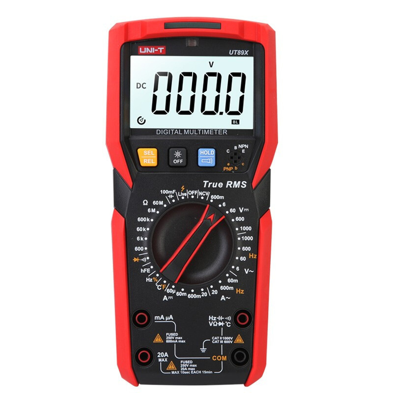 UT89X didelio tikslumo skaitmeninis multimetras; nešiojamas, profesionaliam naudojimui; DC/AC įtampa 0,1 mV–1000 V; DC/AC srovė iki 20 A; talpa 1 pF–100 mF; duomenų laikymas, automatinis diapazonas