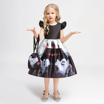 Gyerekeknek Halloween jelmezruha szellem motívummal, cosplay ruha kis táskával és fodros ujjakkal, anyag: poliészter-pamut 65% / 35% pamut, bélés pamut, 3–8 éveseknek