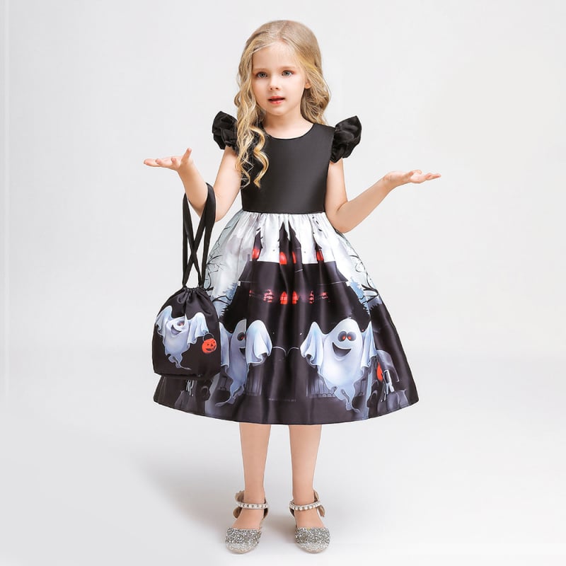 Gyerekeknek Halloween jelmezruha szellem motívummal, cosplay ruha kis táskával és fodros ujjakkal, anyag: poliészter-pamut 65% / 35% pamut, bélés pamut, 3–8 éveseknek