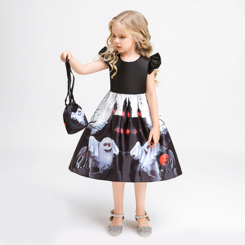 Gyerekeknek Halloween jelmezruha szellem motívummal, cosplay ruha kis táskával és fodros ujjakkal, anyag: poliészter-pamut 65% / 35% pamut, bélés pamut, 3–8 éveseknek