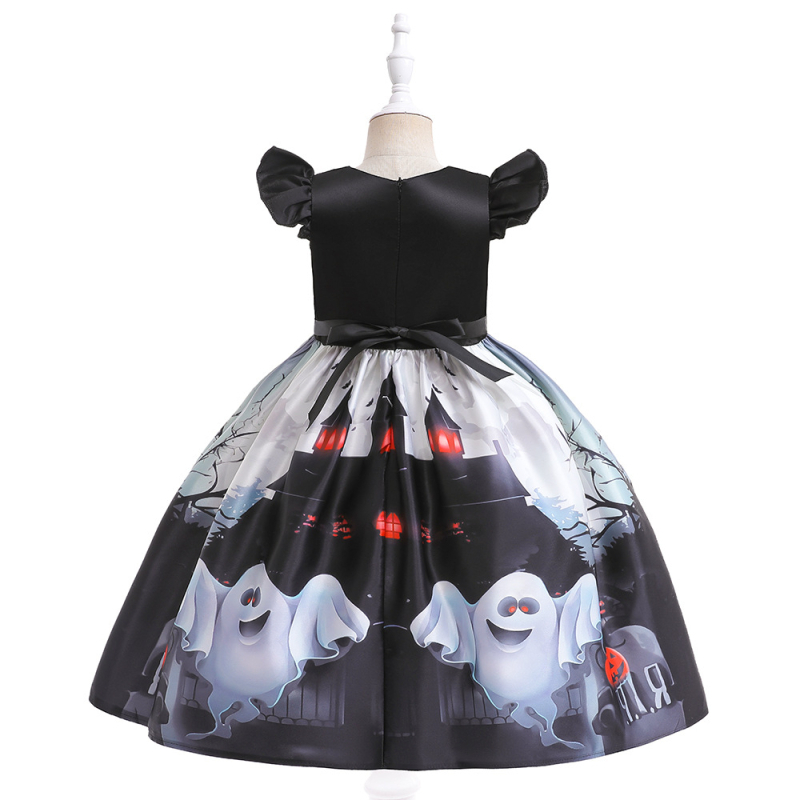 Gyerekeknek Halloween jelmezruha szellem motívummal, cosplay ruha kis táskával és fodros ujjakkal, anyag: poliészter-pamut 65% / 35% pamut, bélés pamut, 3–8 éveseknek