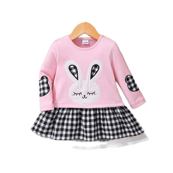 Κοριτσίστικο φόρεμα με μακριά μανίκια, γραμμής Α, κέντημα με λαγουδάκι καρτούν, 100% πολυεστέρας