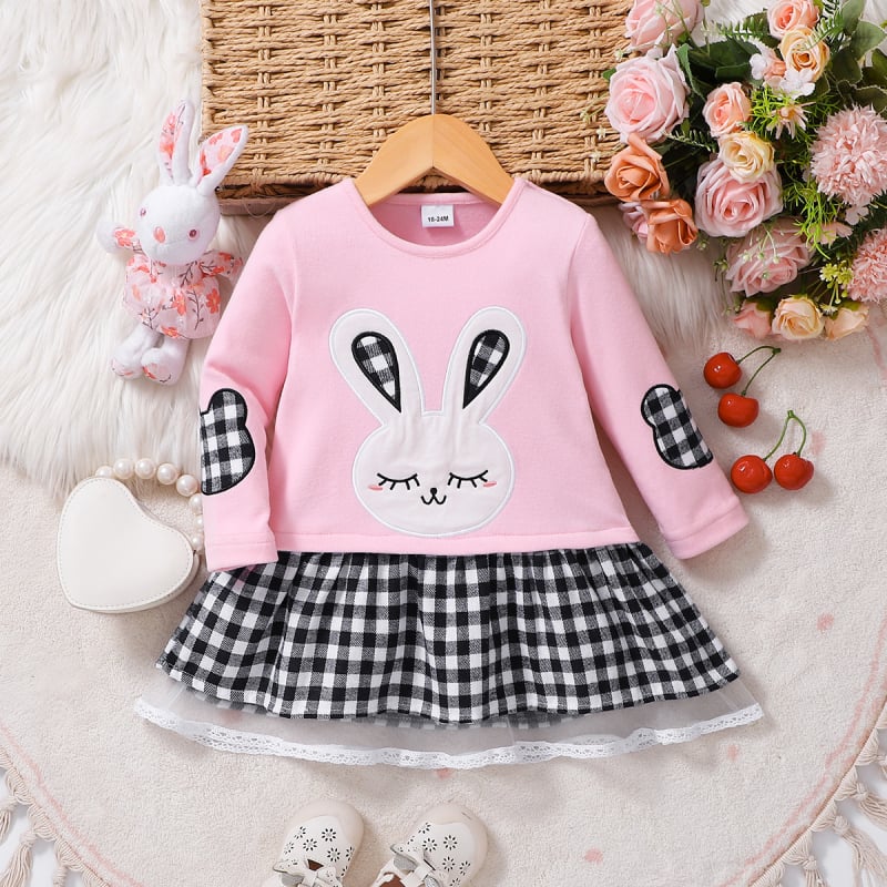 Lányoknak készült hosszú ujjú A-vonalú ruha rajzfilmnyuszis hímzéssel, 100% poliészter