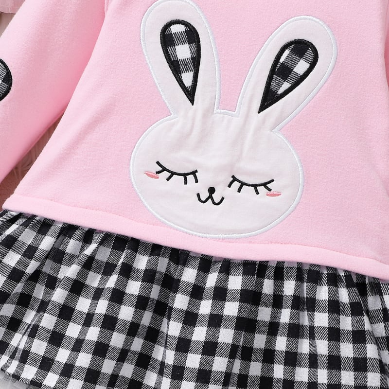 Lányoknak készült hosszú ujjú A-vonalú ruha rajzfilmnyuszis hímzéssel, 100% poliészter