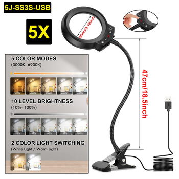 5x μεγεθυντικός φακός με λαμπτήρα και εύκαμπτο σωλήνα, 5 χρωματικές ρυθμίσεις LED, USB τροφοδοσία, CRI ≥95