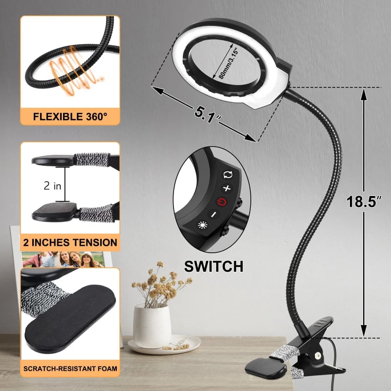 5x nagyító lámpa hajlítható nyakkal, 5 LED üzemmód, USB táplálás, CRI ≥95