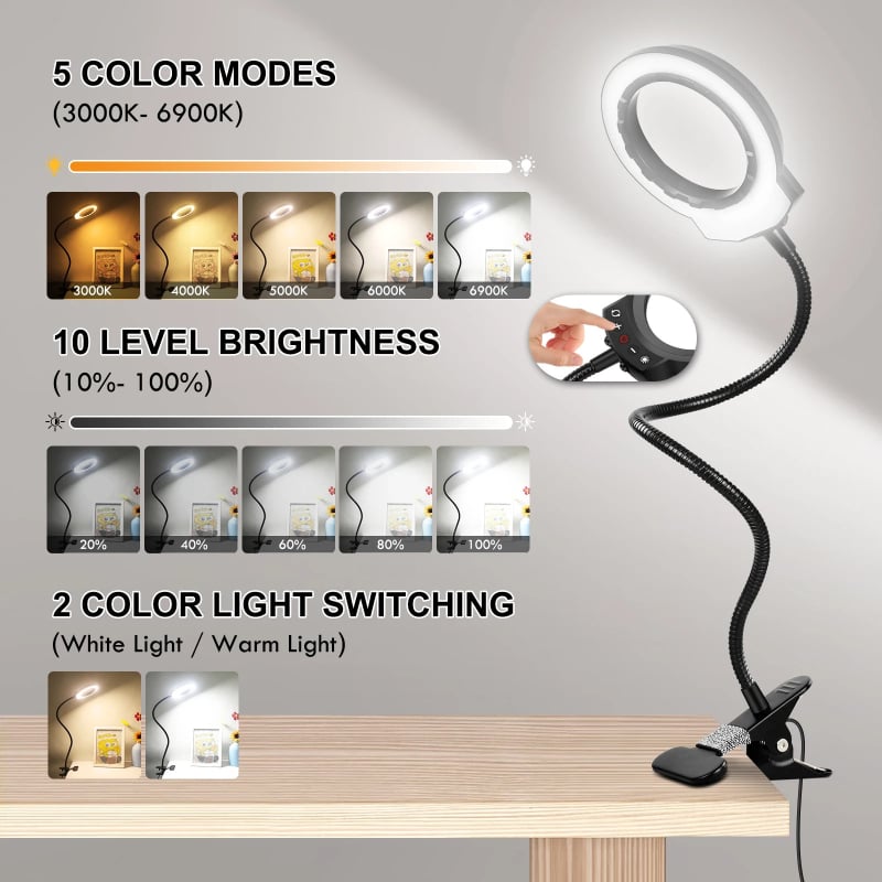 5x nagyító lámpa hajlítható nyakkal, 5 LED üzemmód, USB táplálás, CRI ≥95
