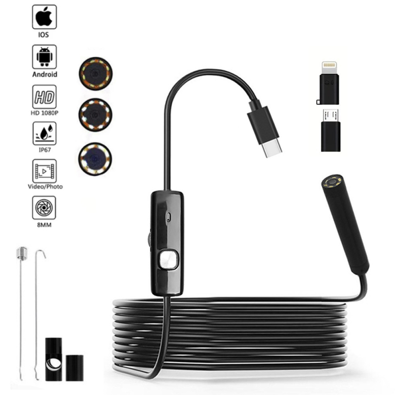 HD306 Industrijski endoskop, 8 mm promjer sonde, radna duljina 1000 mm, IP67 vodootpornost, 2MP rezolucija, 8 LED dioda