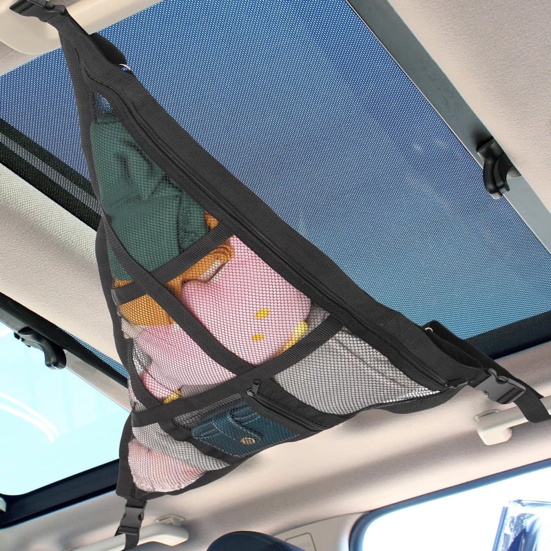Automobilio vidinė stogo krovinių tinklelis, dviejų sluoksnių, pritaikomas privatų ženklinimą; tinkamas kelionėms ir naudojimui dirbtuvėse, sandėliuose