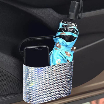 Διαμαντοστολισμένος μικρός κάδος απορριμμάτων αυτοκινήτου με πλευρική πόρτα για κρεμάμενο αποθηκευτικό χώρο (υλικό: πλαστικό; μέγεθος: μίνι; διπλής χρήσης)