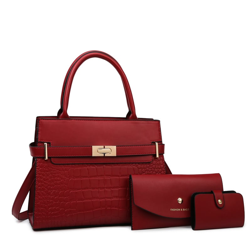 PU krokodilbőr mintás anya–lánya táskákészlet (három darabos), zárás zipzárral, vízszintes négyzet alakú forma, poliészter belsés, belső zsebek: zipzáras zseb, telefonzseb, ID-zseb