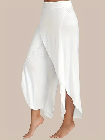 Moteriškos laisvos platėjančios kelnės su skeltu apatine, poliesteris, pagrindinis sudėtinių 30–50% poliesterio, juosmuo vidutinio aukščio, kelnių ilgis – ilgos